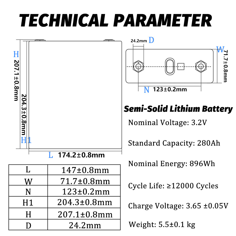 HAKADI Semi-solid Battery 3.2V 280Ah LiFePO4 Rechargeable Grade A Cell 12000+ Cycle For DIY Solar System EV RV Boat