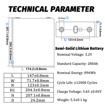 HAKADI Semi-solid Battery 3.2V 280Ah LiFePO4 Rechargeable Grade A Cell 12000+ Cycle For DIY Solar System EV RV Boat