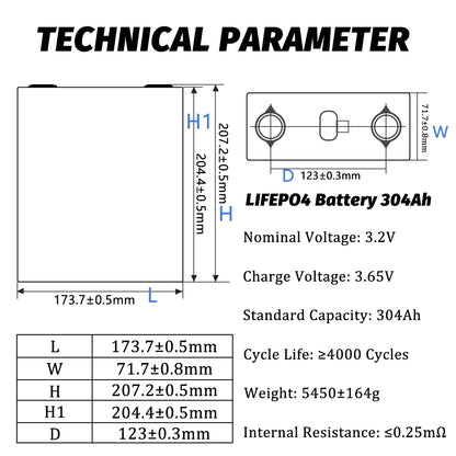 EVE LF304 LiFePO4 3.2V 304Ah Grade A Cells Prismatic Battery  for DIY 12V 24V 48V 72V Pack,Solar Storage, RV, EV, PV