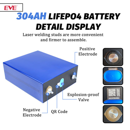 EVE LF304 LiFePO4 3.2V 304Ah Grade A Cells Prismatic Battery  for DIY 12V 24V 48V 72V Pack,Solar Storage, RV, EV, PV