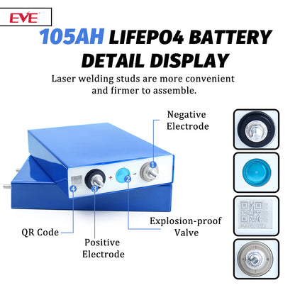 Brand New EVE LF105 LiFePO4 3.2V 105Ah Battery Grade A Prismatic Cell For Boat, RV, EV, Solar System