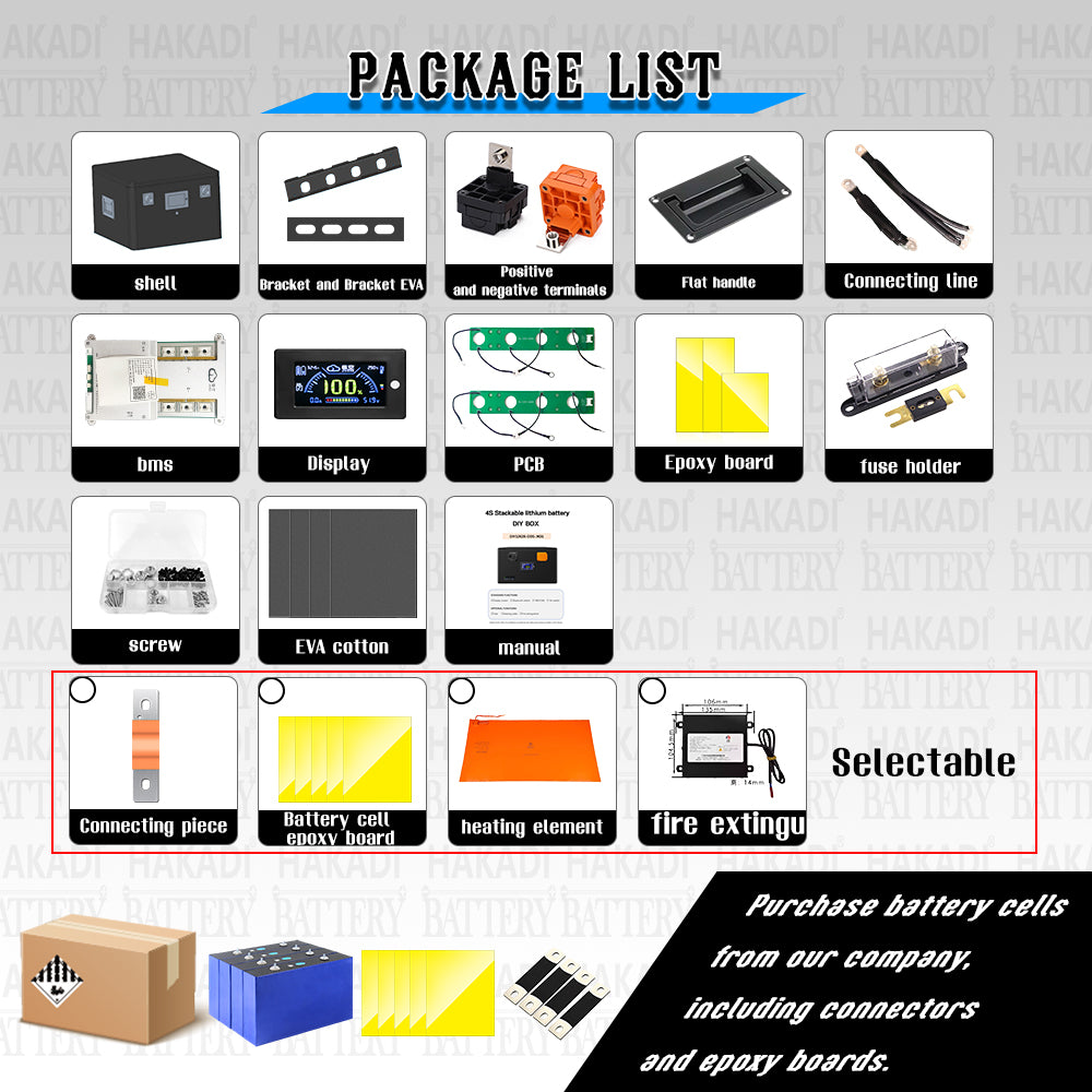 HAKADI 12V EVE MB56 628Ah LiFePO4 DIY Battery Box Including JK BMS 300A and 2A Balance For DIY battery,Off-grid systems,Solar energy