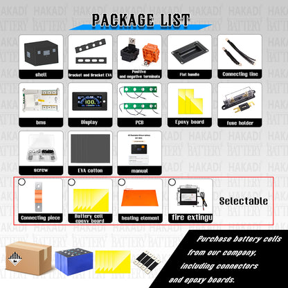 HAKADI 12V EVE MB56 628Ah LiFePO4 DIY Battery Box Including JK BMS 300A and 2A Balance For DIY battery,Off-grid systems,Solar energy