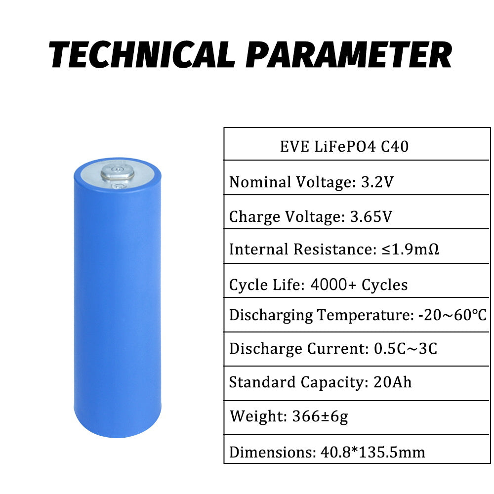 EVE C40 LiFePO4 3.2V 40315 Cylindrical Grade A 20Ah Battery Cells