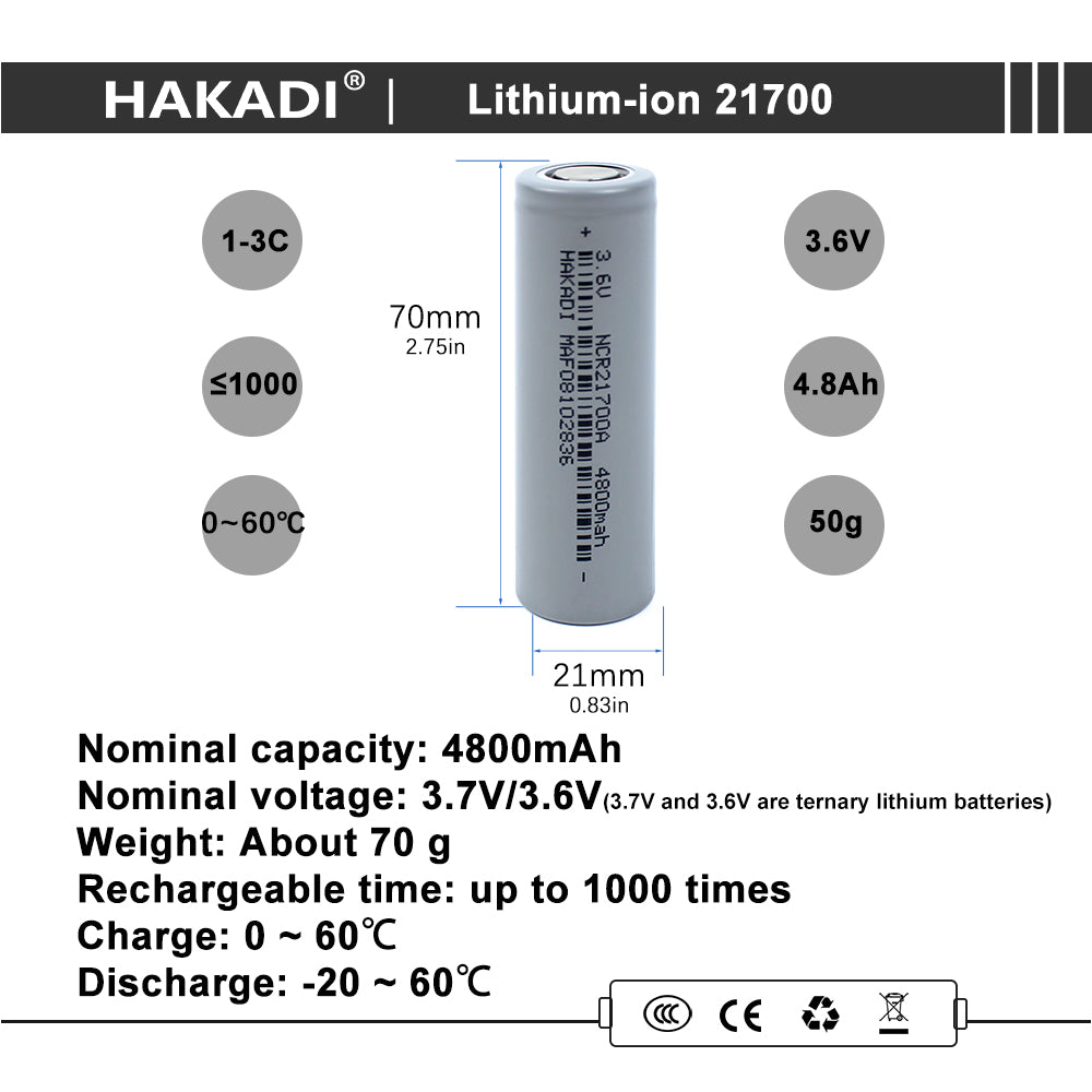 HAKADI 21700 3.7V 4800mAh Rechargeable Lithium-ion High Power Battery Suitable for Energy Storage Battery Solar System E-Bike