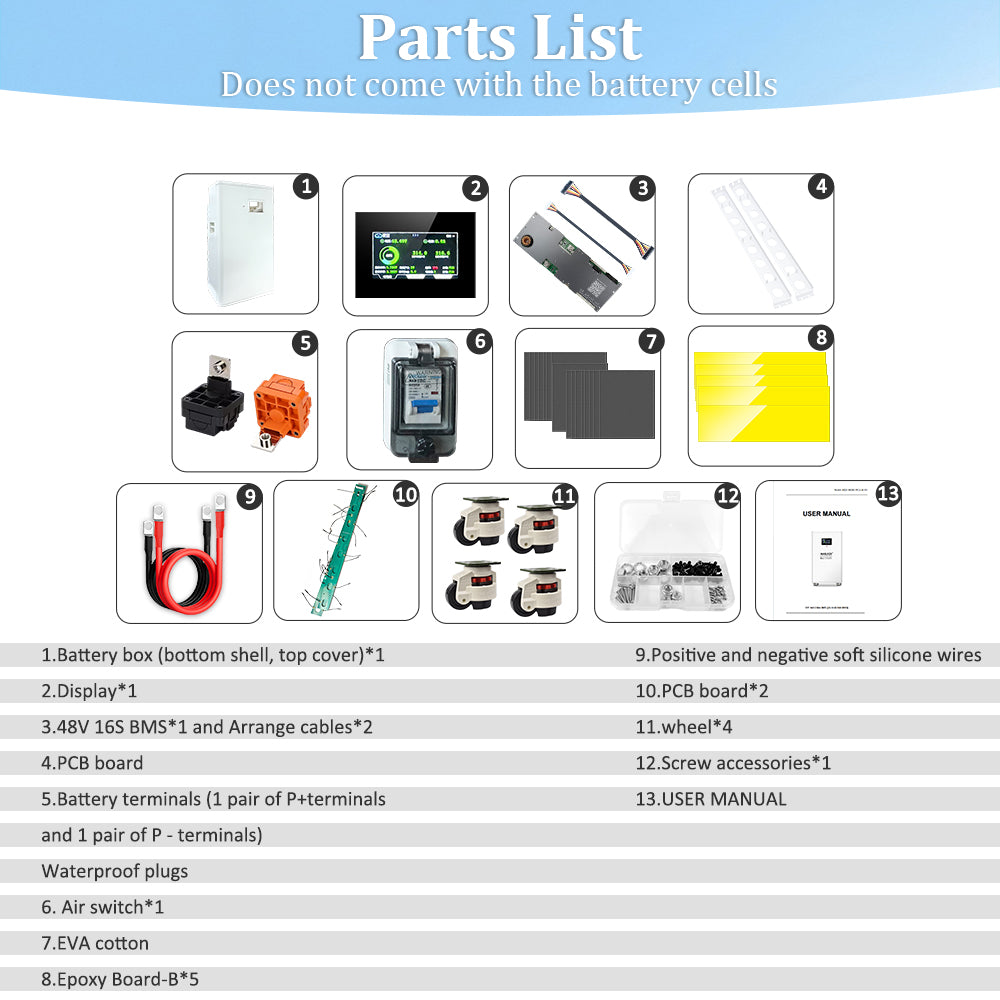 HAKADI 48V LiFePO4 Battery BOX With JK BMS For 16S 280Ah-314Ah, Solar System