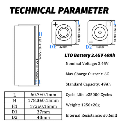 HAKADI Grade A 2.3V 49Ah LTO Battery Prismatic Cells 25000+ Cycle Life For Solar System, RV