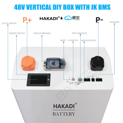 HAKADI 48V 16S DIY LiFePO4 280Ah-314Ah Vertical DIY Battery Box Kits with JK BMS and Wheels Free Shipping