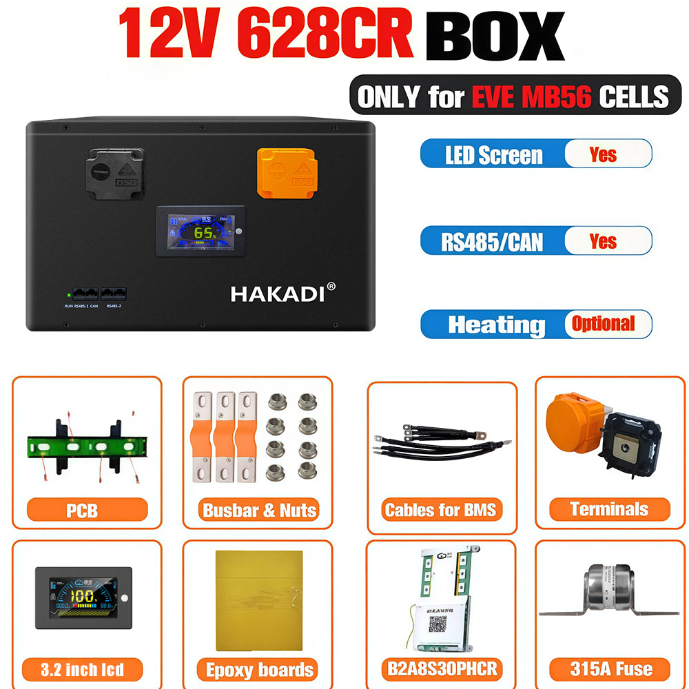 HAKADI 12V EVE MB56 628Ah LiFePO4 DIY Battery Box Including JK BMS 300A and 2A Balance For DIY battery,Off-grid systems,Solar energy