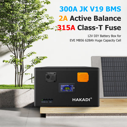 HAKADI 12V EVE MB56 628Ah LiFePO4 DIY Battery Box Including JK BMS 300A and 2A Balance For DIY battery,Off-grid systems,Solar energy