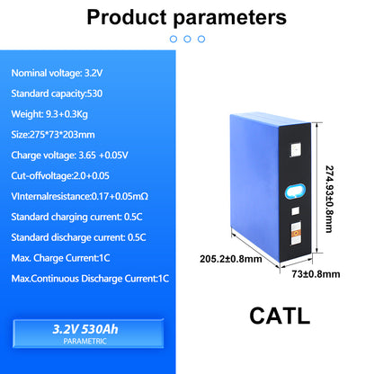 CATL 530Ah CB530 LiFePO4 3.2V Battery Grade A Prismatic Cells 6000+ Cycle For homes off-grid,Solar Energy