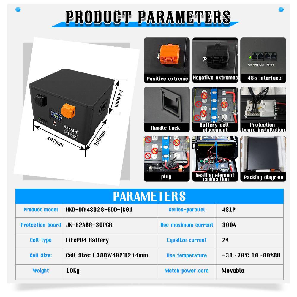 HAKADI 12V EVE MB56 628Ah LiFePO4 DIY Battery Box Including JK BMS 300A and 2A Balance For DIY battery,Off-grid systems,Solar energy