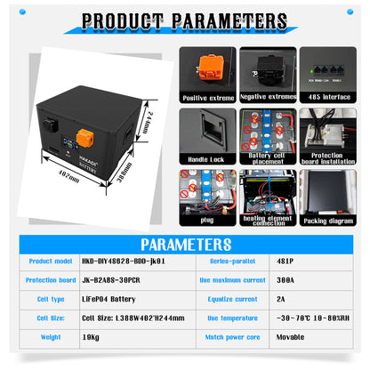 HAKADI 12V EVE MB56 628Ah LiFePO4 DIY Battery Box Including JK BMS 300A and 2A Balance For DIY battery,Off-grid systems,Solar energy