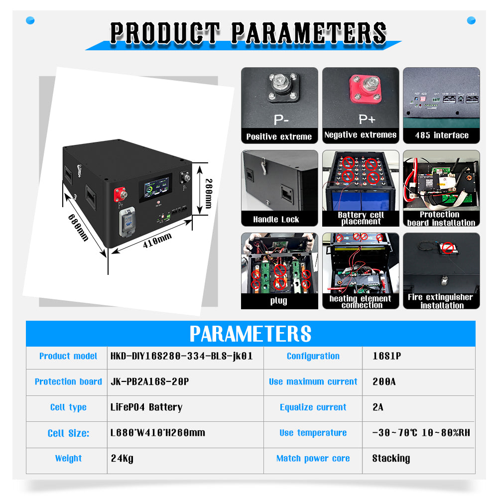 EU STOCK HAKADI 48V LiFePO4 DIY Battery kit For 280Ah/314Ah/334Ah Cell With V19 JK BMS 16S 200A
