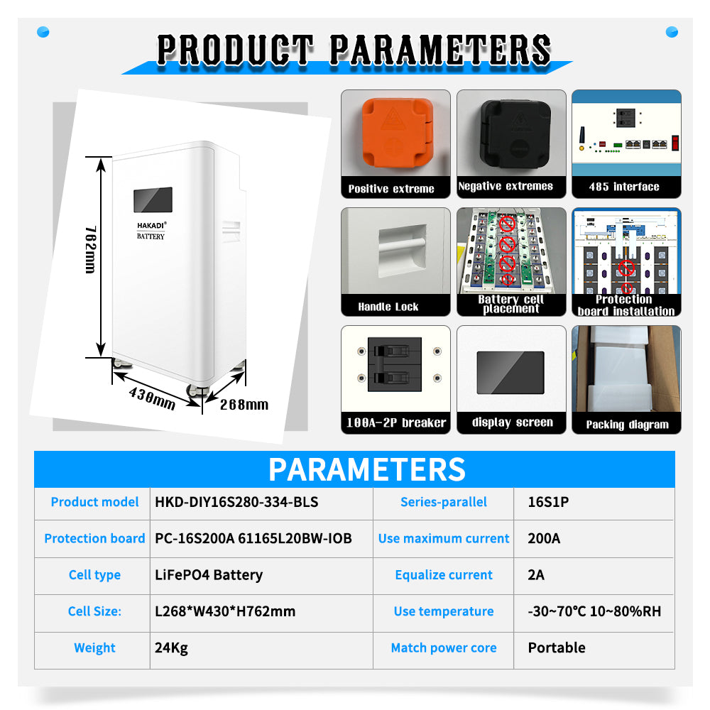 HAKADI PACEEX BMS 48V 16S LiFePO4 15-16 kwh DIY Battery Box With WiFi Bluetooth For Home Energy Storage System