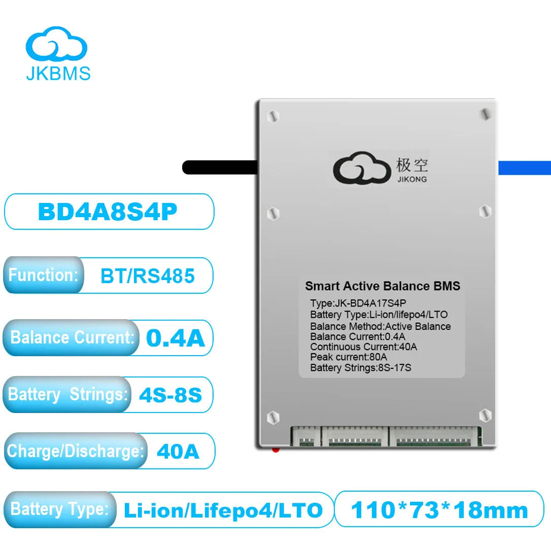 EUStockJKBmsActiveBalanceBms4S8S12S16S20S24SSmartBluetoothBms60A80A100A150A200AforLifepo4Li-IonLtoBattery