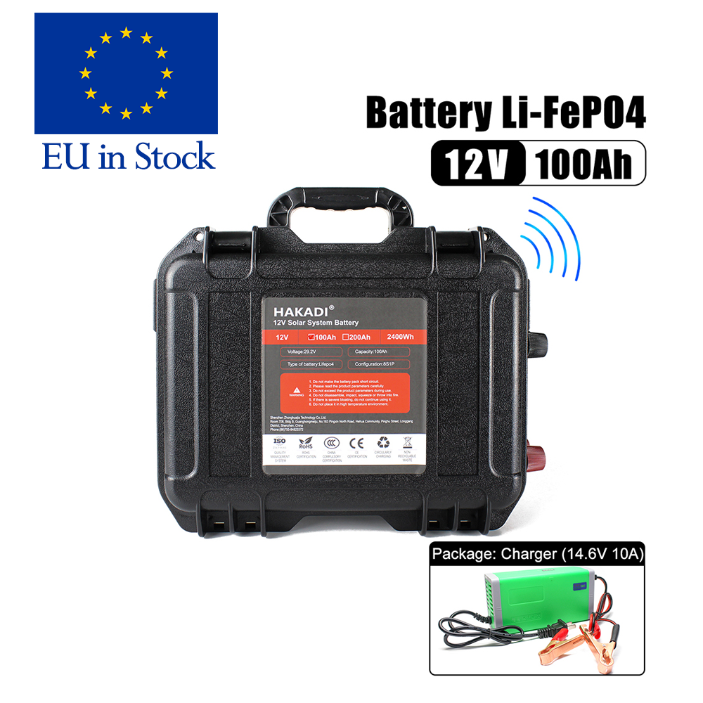 EU in STOCK ! HAKADI 12V 100Ah Lifepo4 Battery Pack With Bluetooth BMS and Battery Charger For Boat RV Solar System Solar energy