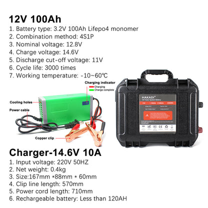 HAKADI 12V 100Ah Lifepo4 Battery Pack With Bluetooth BMS and Battery Charger For Boat RV Solar System Solar energy