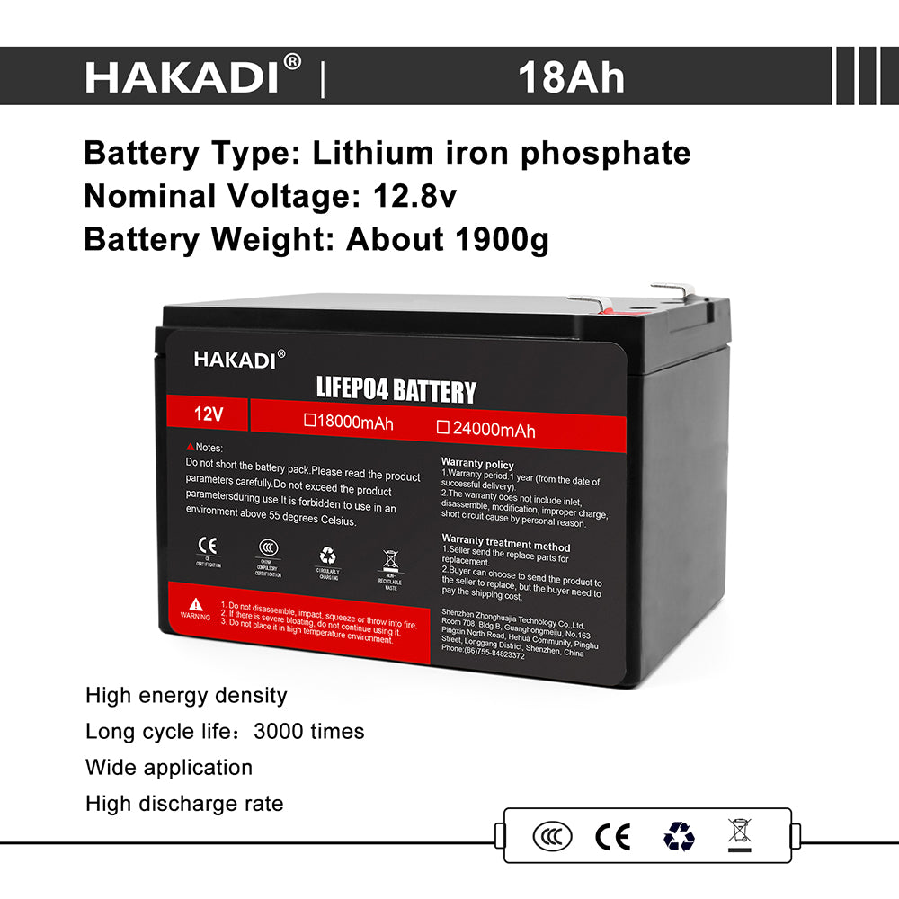 HAKADI Lifepo4 12V 18Ah Rechargeable Battery Pack WIth 14.6V 3A Charger High Power Long Cycle Life For Solar Energy Storage Supply