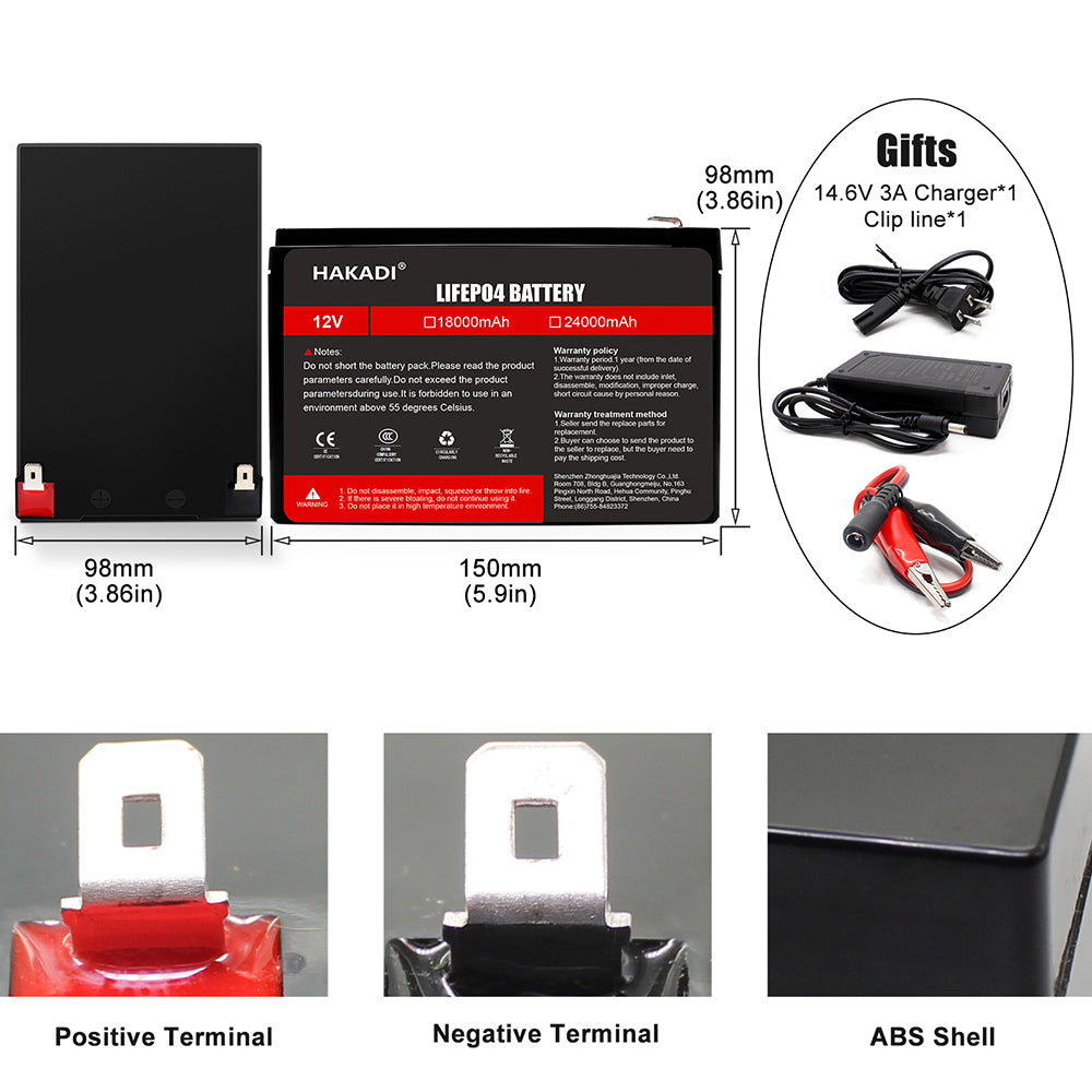 HAKADI Lifepo4 12V 18Ah Rechargeable Battery Pack WIth 14.6V 3A Charger High Power Long Cycle Life For Solar Energy Storage Supply