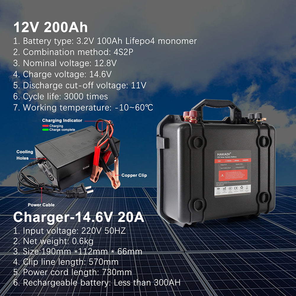 HAKADI 12V 200Ah Lifepo4 Battery Pack With 14.6V 20A Charger and BMS Waterproof Rechargeable Battery For Boat RV EV Solar System