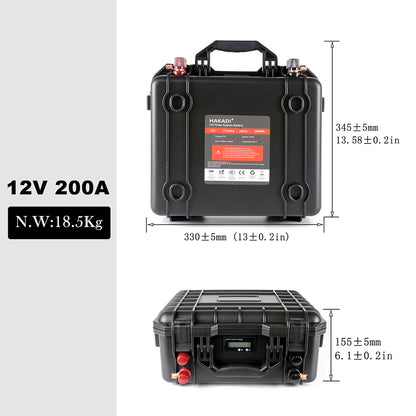 HAKADI 12V 200Ah Lifepo4 Battery Pack With 14.6V 20A Charger and BMS Waterproof Rechargeable Battery For Boat RV EV Solar System