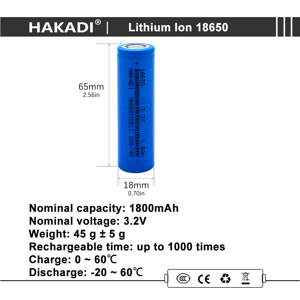 HAKADI 18650 3.2V 1800mAh Lifepo4 Rechargeable Battery Cell Cycle Life 3000+ For DIY battery pack flashlight