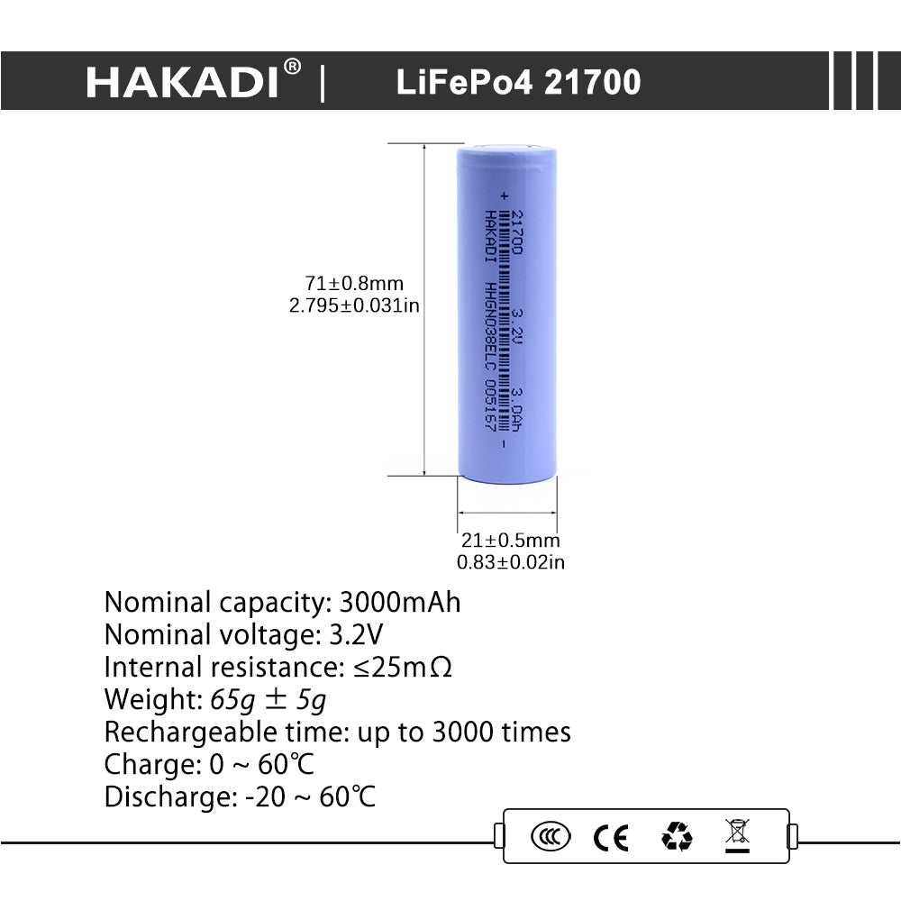 HAKADI Lifepo4 21700 3.2V 3000mAh Rechargeable Battery Cell 3C-5C Discharge For DIY 12V 24V 48V Energy Storage