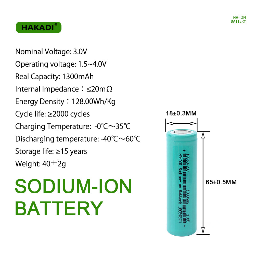 HAKADI 18650 1300mAh 3V Sodium-ion Cells Discharge 20C NA-ion Rechargeable  Battery For E-bike Power Tools DIY 12V 24V 48V 72V Battery Pack