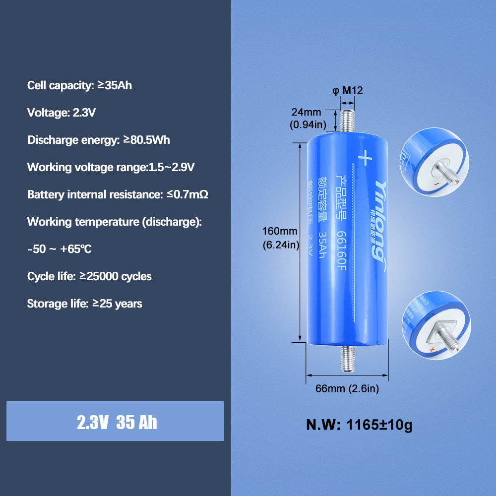 Yinlong 35Ah Cells LTO 2.3V lithium titanate Battery Cycle life 25000+ For Low temperature work,Car audio,Solar, DIY Battery Pack