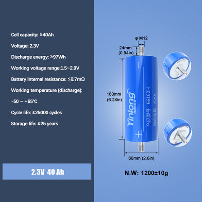 Yinlong 2.3V 40Ah Grade A LTO Cells Brand New 66160 Lithium Titanate Battery For CAR AUDIO, RV, EV, Solar
